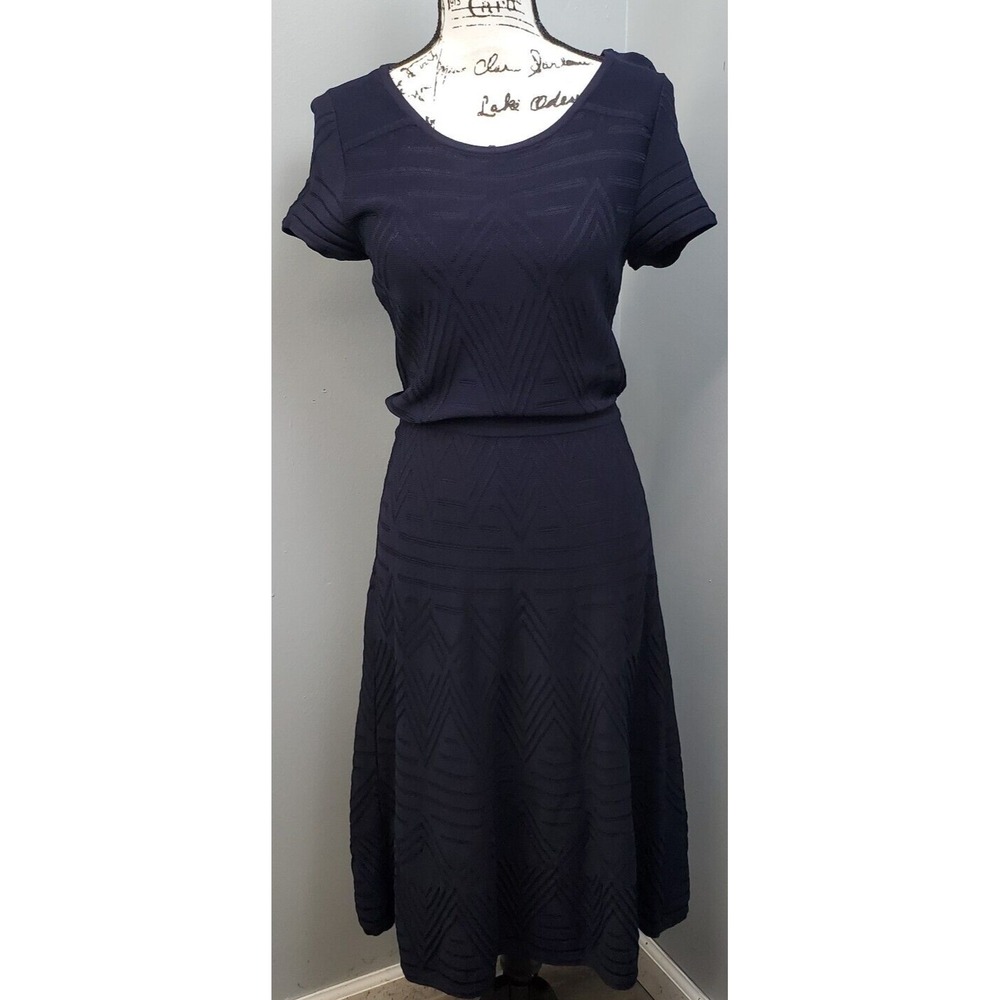 Talbots See Through Dress Women Medium Navy Empire Waist Short Sleeve Round Neck